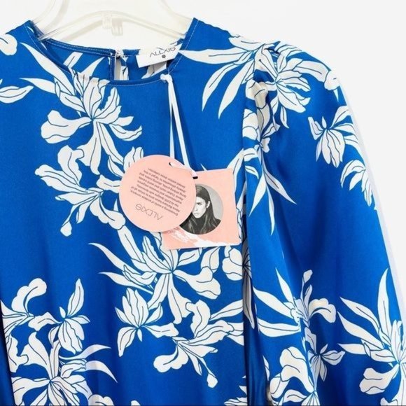 Alexis Blue Mini Dress XXS Floral Print Rope Belt Swing Long Sleeve Satin New - Picture 3 of 15